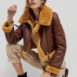 Brown Shearling-Trim Leather Jacket - Women's Brown Faux Sheepskin Biker